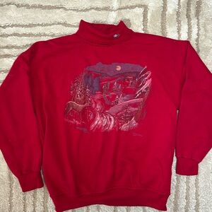 Vintage 1980s Red Northern Reflections Watercolor Scenic Turtleneck Sweatshirt